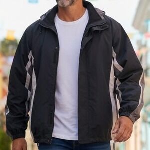 Lands End Men's L Colorblock Fleece Lined Hooded Jacket Black Gray‎ White